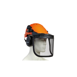 Kit forestier constitué d'un casque, d'un antibruit et d'une visière grillagée