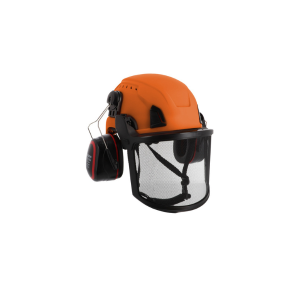 Kit forestier constitué d'un casque, d'un antibruit et d'une visière grillagée